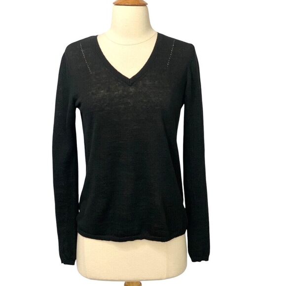 Garnet Hill Black Long Sleeve Linen Sweater V-Neck Classic Versatile Size XS - Picture 1 of 9